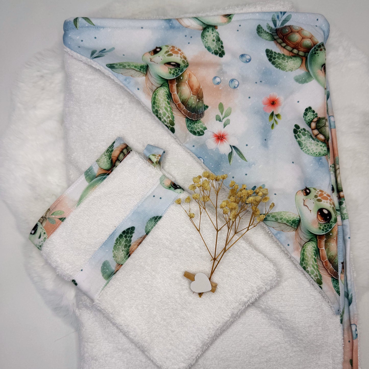 Cape de bain XL avec gant de toilette assorti à motif